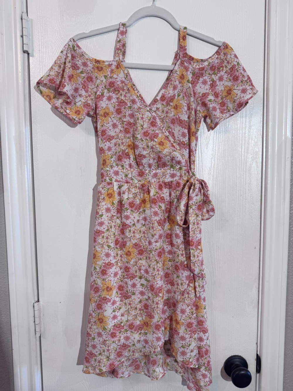 Sienna Sky Pink and Yellow Floral Cold-Shoulder Wrap Midi Dress